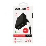 Nabje cestovn SWISSTEN 2x USB, IC, 3A, + USB-C kabel, ern