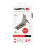 Nabíječ cestovní SWISSTEN 2x USB, IC, 3A, + USB-C kabel, bílá