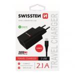 Nabíječ cestovní SWISSTEN 2x USB, IC, 2.1A + USB-C kabel, černá