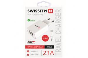 Nabíječ cestovní SWISSTEN 2x USB, IC, 2.1A + USB-C kabel, bílá