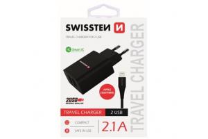 Nabje cestovn SWISSTEN 2x USB, IC, 2.1A + Lighthing kabel, ern